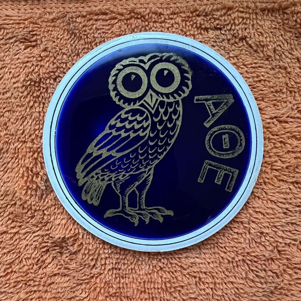 Handmade Greek Ceramic Coaster Plaque Athena Owl Greek Art by Smaltotechniki